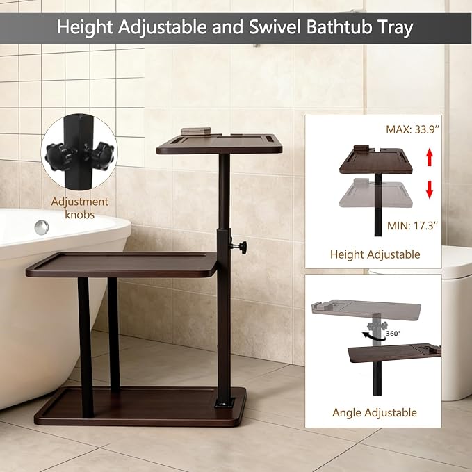 3 Layer Bathtub Tray Table, Bamboo Swivel Bathtub Side Table Height Adjustable - Image 3