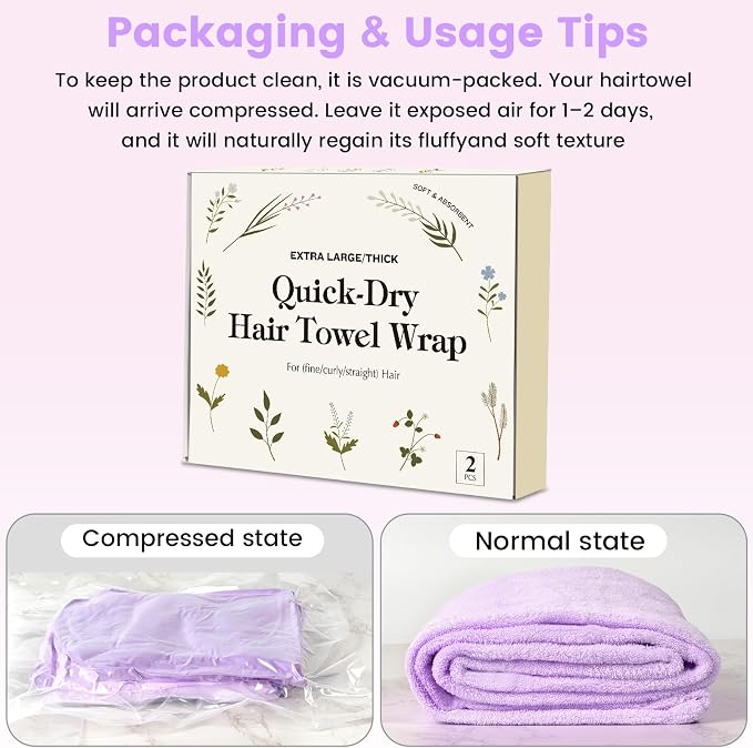 Microfiber Hair Towel Wrap for Women, 2 Pack Large Fast Drying Hair Towel - Image 7
