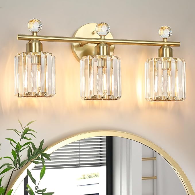 3-Light Gold Bathroom Light Fixtures Modern K9 Crystal Vanity Lights Wall Sconce by KunruiTAI