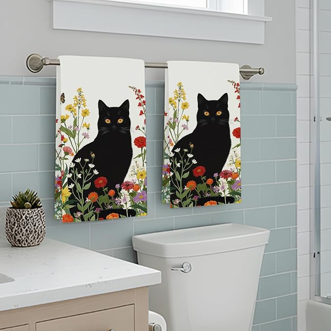 Accnicc 2 Pack Black Cat Bathroom Hand Towels Decorative Spring Floral Dish - Image 5