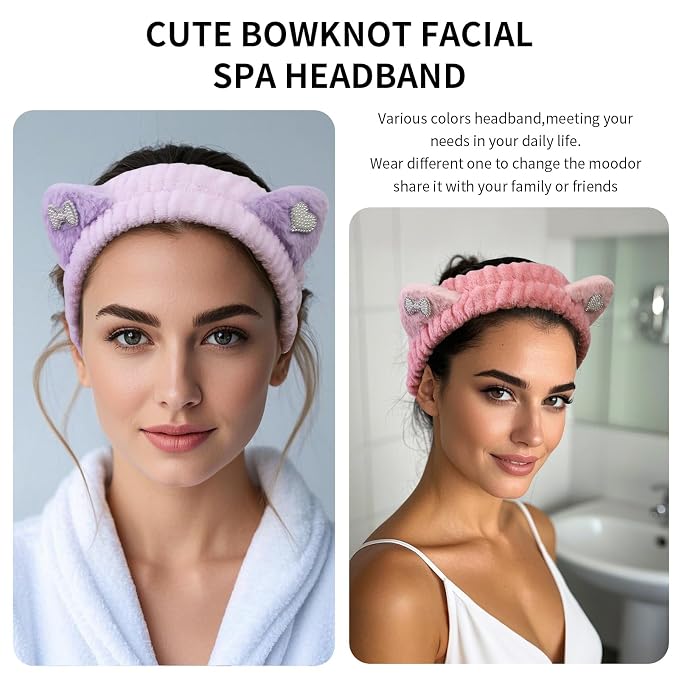 Spa Headband for Washing Face, 2 Pack Cute Cat Ear Hair Band for Shower Yoga - Image 2