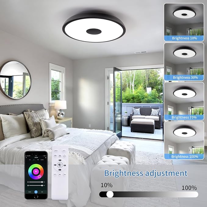 Black Smart Waterproof LED Flush Mount Ceiling Light Fixture, - Image 5