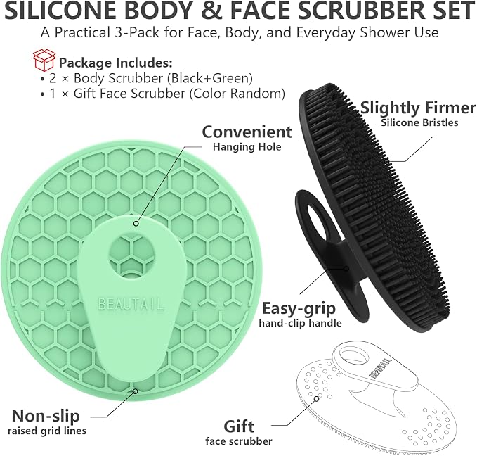 Silicone Body and Face Scrubber Set 3 Pack, BEAUTAIL Shower Bath Scrubber - Image 6