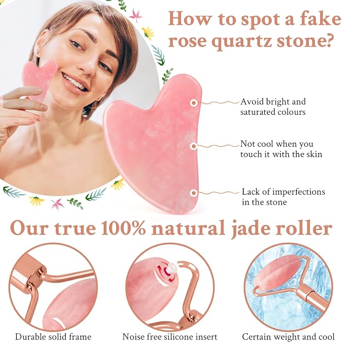 Jade Roller & GuaSha Set-Facial Beauty Roller Skin Care Tools, Rose Quartz - Image 4