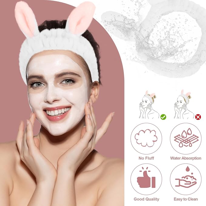 Cute White Rabbit Ears Headband Frog Eye Elastic to Wash Face - Image 4
