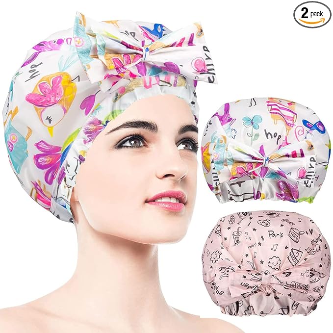2 PCS Shower Caps, Reusable & Extra Large & Adjustable & Double Layer by WINSTECK