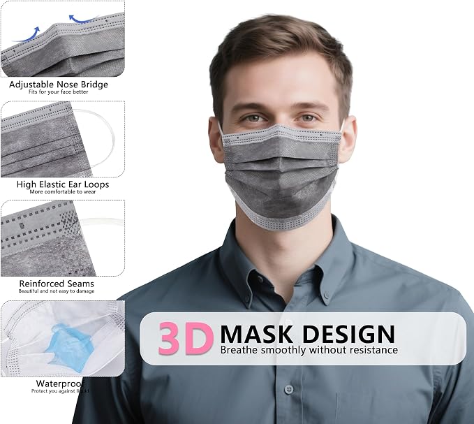 akgk 100PCS Grey Disposable Face Masks, 3-Ply Breathable Grey Face Mask - Image 2