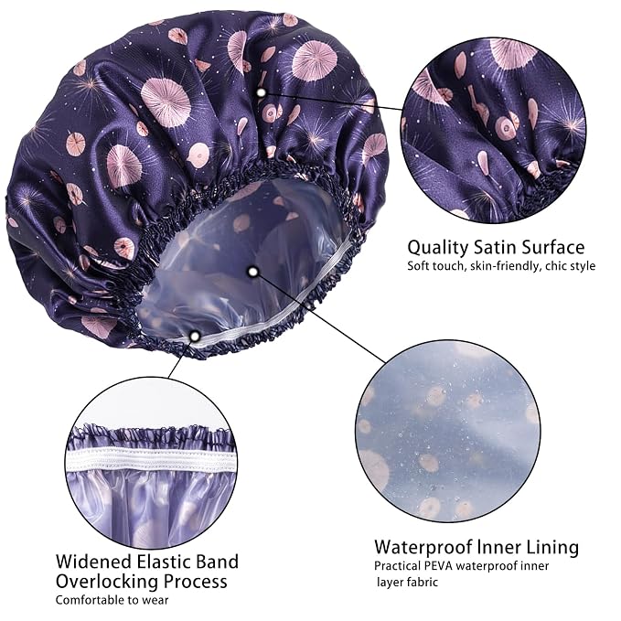 4 PCS Shower Cap for Women, Elastic and Reusable Bath Caps, Double Layers - Image 6