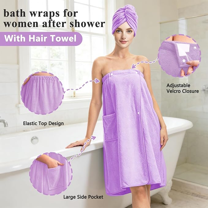 Women’s Adjustable Spa Wrap Towel Set, Microfiber Body Wrap Bathrobe - Image 3