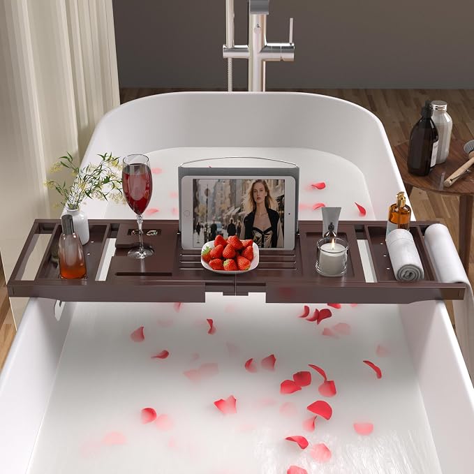 Bathtub Caddy Tray for Tub, Foldable Bath Table Trays, Bamboo Shelf - Image 2
