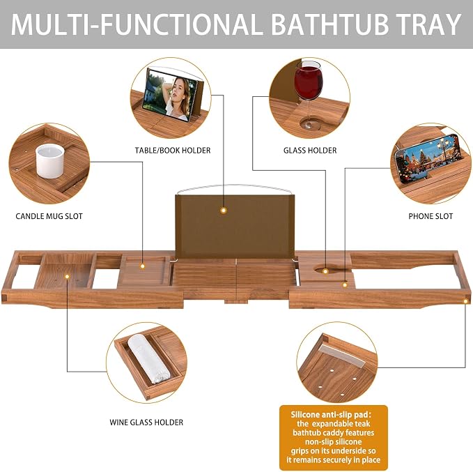 Premium Teak Bathtub Tray Caddy, Expandable Wooden Bath Tray - Image 6