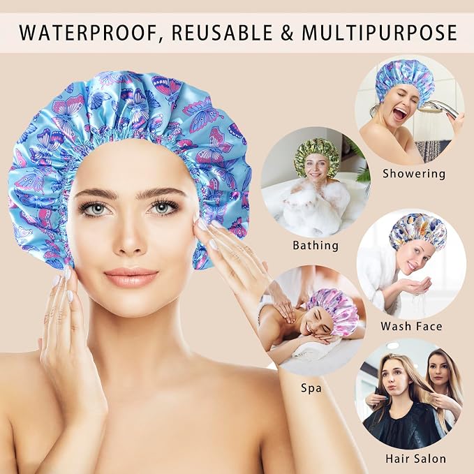 4 PCS Shower Cap for Women, Elastic and Reusable Bath Caps, Double Layers - Image 3