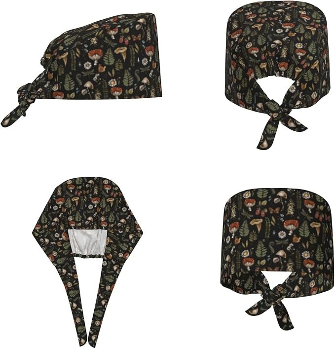 Scrub Cap for Women and Men Boho Black Leaf Pattern Adjustable Breathable - Image 2