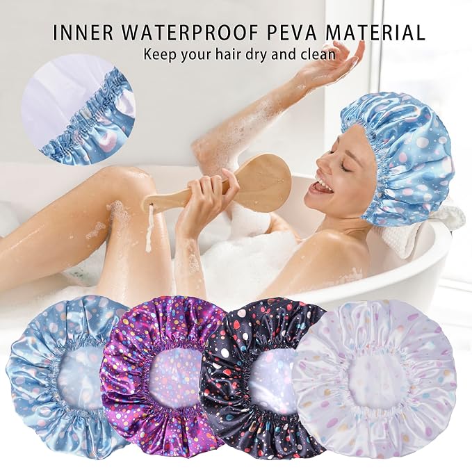 Shower Caps for Women, Double Layers Shower Cap Reusable Waterproof, Bathing - Image 3