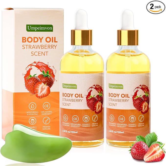 2 Pack 3.38 fl.oz Strawberry Body Oil after Shower, Vitamin C & E Gua Sha Body by Umpeimvon