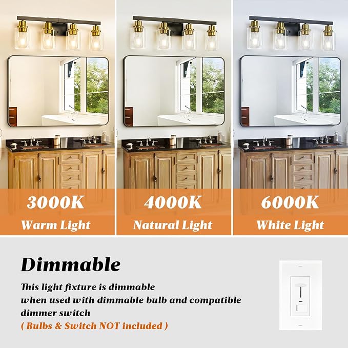 Bathroom Vanity Light, 4-Light Black and Gold Bathroom Light Fixtures - Image 7