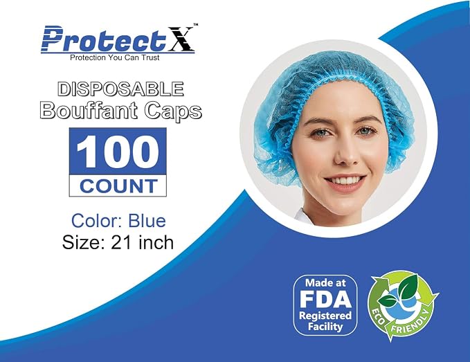 ProtectX 100-Pack Blue Disposable Hair Nets, Elastic Head Cover, Bouffant Caps - Image 3