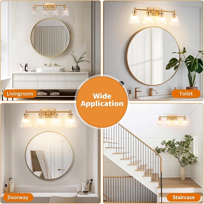 OCIOC 4-Light Bathroom Vanity Light, Burshed Gold Bathroom Light - Image 9