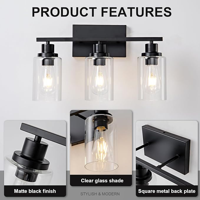 3 Light Bathroom Light Fixtures Black Vanity Light Over Mirror Modern Farmhouse - Image 6