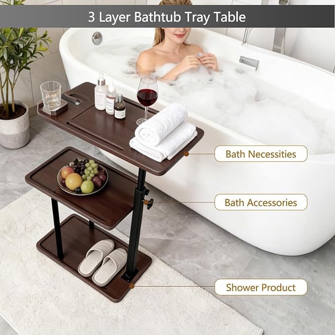 3 Layer Bathtub Tray Table, Bamboo Swivel Bathtub Side Table Height Adjustable - Image 5