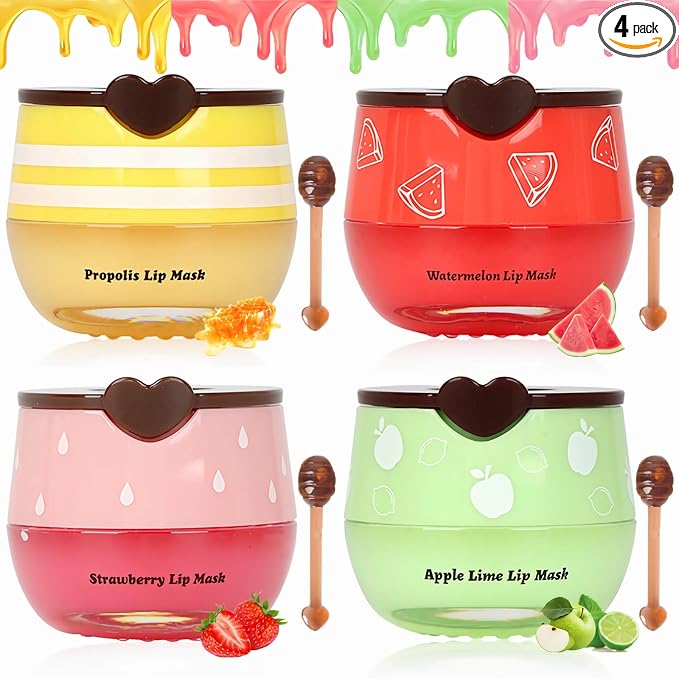 4 PCS Bee Lip Balm Lip Mask Honey Pot, Prevention Lip Dry Set, Strawberry & by Deepmind
