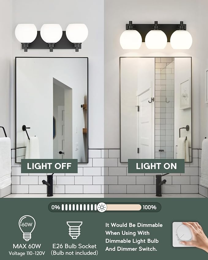 Bathroom Light Fixtures, 3-Light Matte Black Vanity Light, Modern Wall Sconces - Image 2
