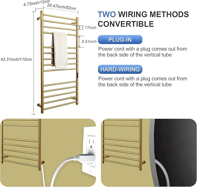 Gold Wall Mounted Heated Towel Rack, Timer & Temperature Control Electric Towel - Image 6