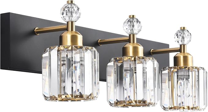 PRESDE Crystal 3 Light Bathroom Vanity Lights Black and Gold Bathroom Lights by HOME