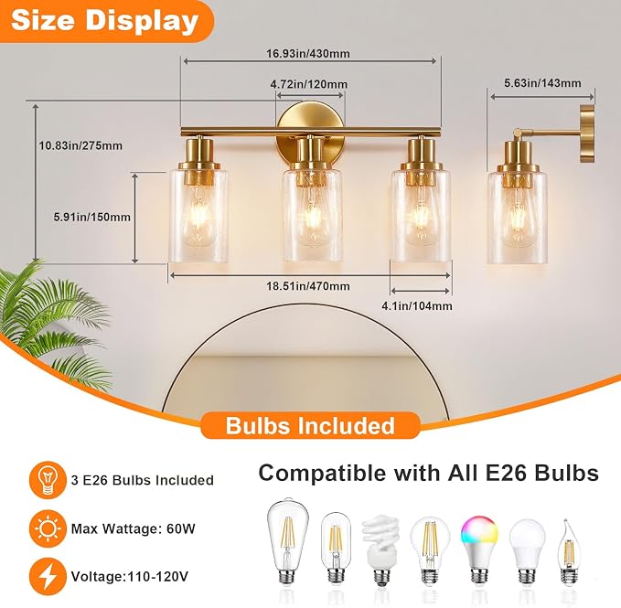 DLLT 3-Light Bathroom Light Fixtures: Gold Modern Vanity Wall Lights - Image 3