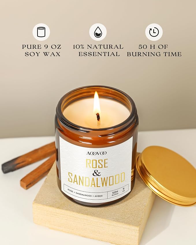 AOOVOO Rose Sandalwood Candles - 9 oz Scented Candles - Image 3
