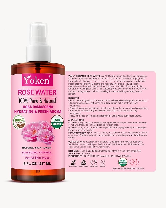 Yoken Organic Rose Water Spray for Face, 8 Fl Oz Fine Mist, Rosewater Face Mist - Image 7