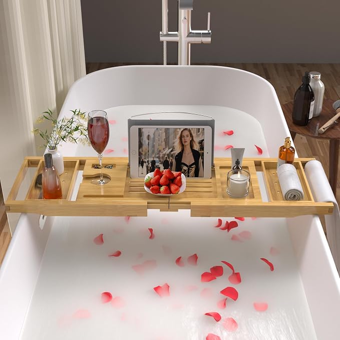 Bathtub Caddy Tray for Tub, Foldable Bath Table Trays, Bamboo Shelf - Image 2