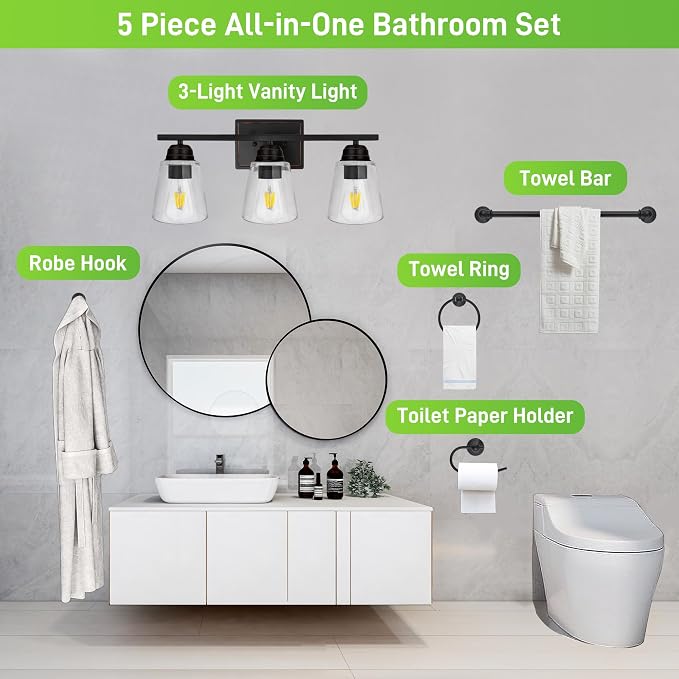 hykolity 3-Light Bathroom Vanity Light, 5-Piece All-in-One Bathroom Set - Image 4