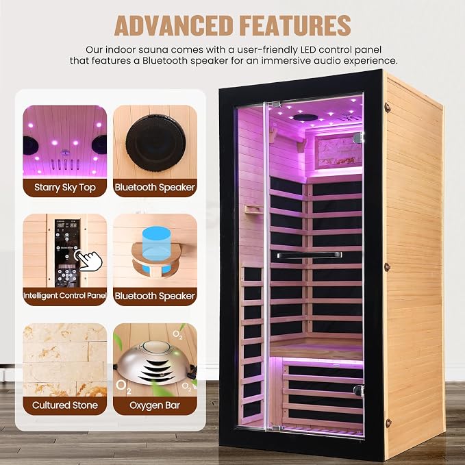 OUTEXER One Person Sauna Far Infrared Saunas Room Canadian Hemlock 1450W Dry - Image 4