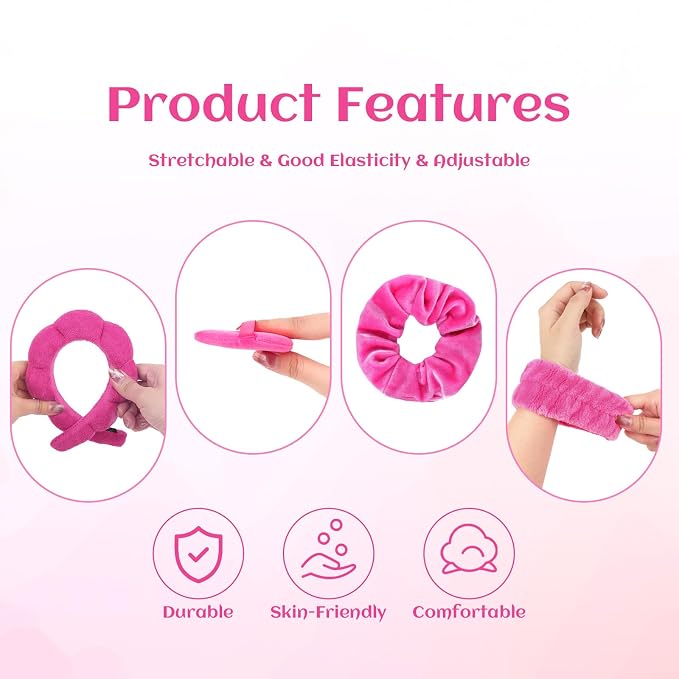7Pcs Puffy Spa Set: Terry Cloth Headband, Wristbands, Scrunchies, Powder Puffs - Image 6