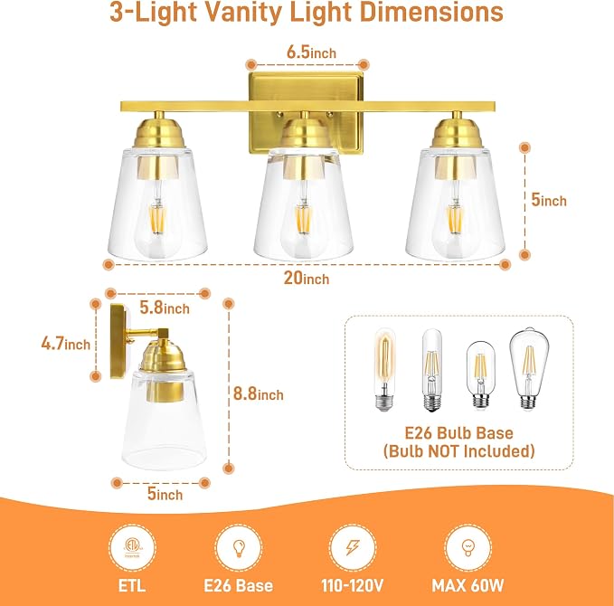 hykolity 3-Light Bathroom Vanity Light, 5-Piece All-in-One Bathroom Set - Image 5