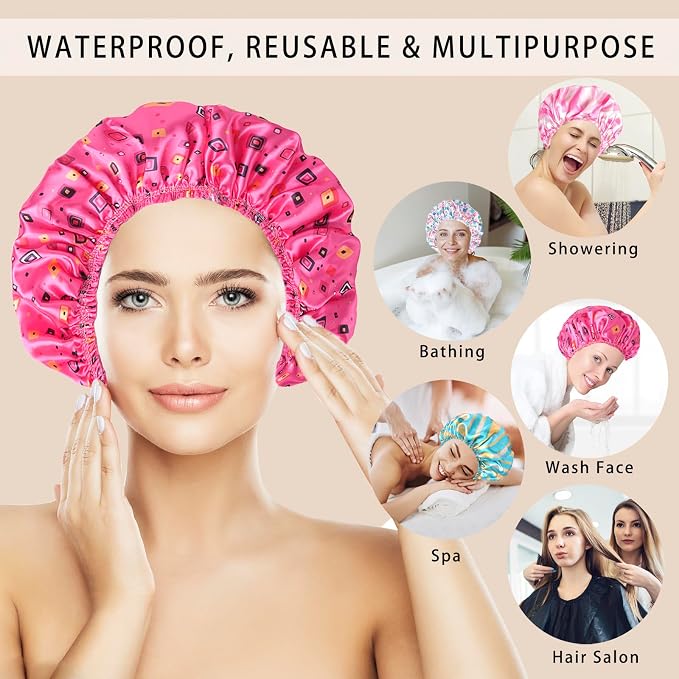 4 PCS Shower Cap for Women, Elastic and Reusable Bath Caps, Double Layers - Image 4