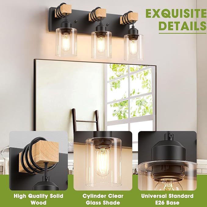 Licperron Farmhouse 3-Lights Wood Bathroom Vanity Light, Rustic Black Bathroom - Image 4