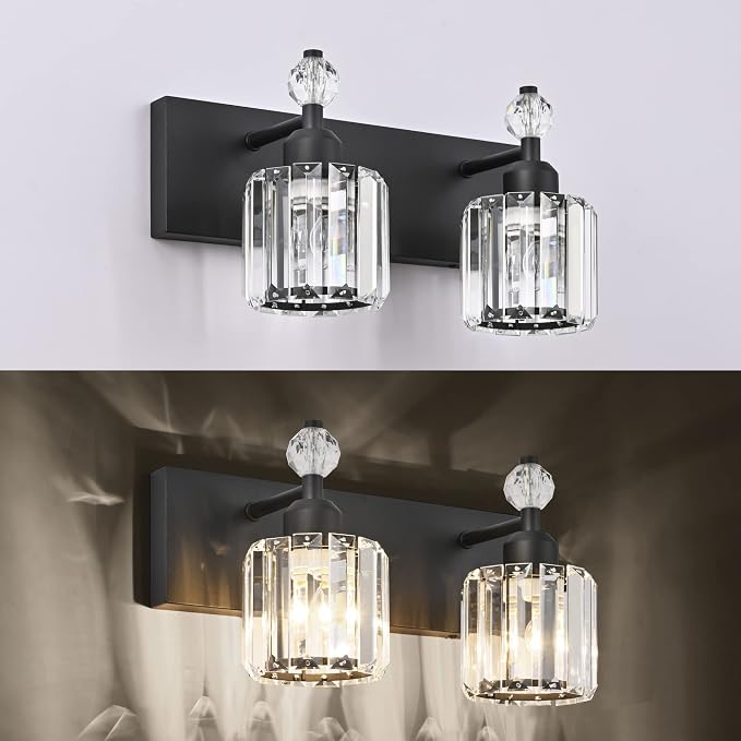 PRESDE 2-Light Crystal Bathroom Lights Fixtures Modern Matte Black Wall - Image 6