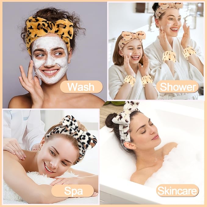 CAVETEE Spa Headband and Wristband Set, Spa & Makeup Fluffy Bow Headband - Image 3