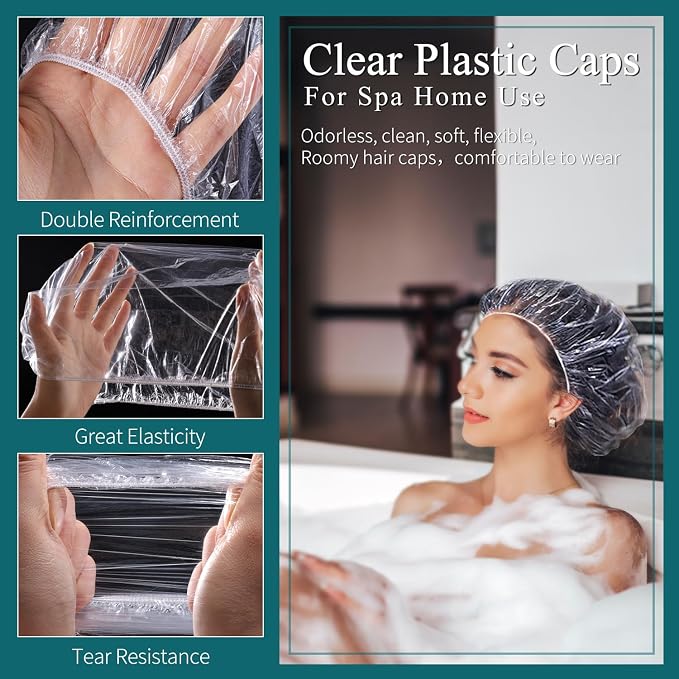MORGLES 100 Pcs Disposable Shower Caps, Plastic Hair Caps - Image 6