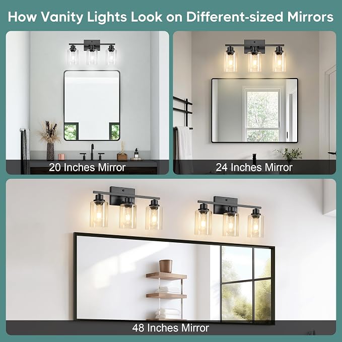 Ascher Bathroom Light Fixtures, 3-Light Vanity Light Over Mirror, Matte Black - Image 7