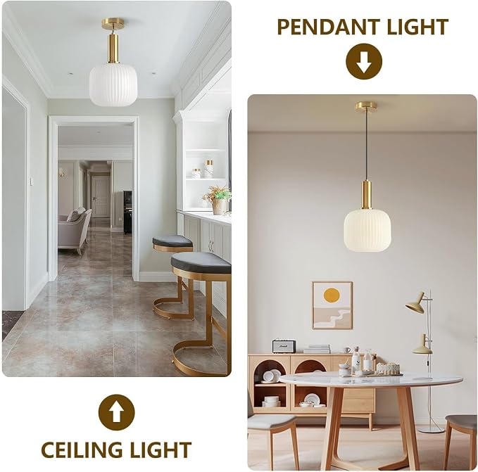 KCO Lighting Milk Glass Pendant Light White Ribbed Glass Pendant Lighting - Image 3