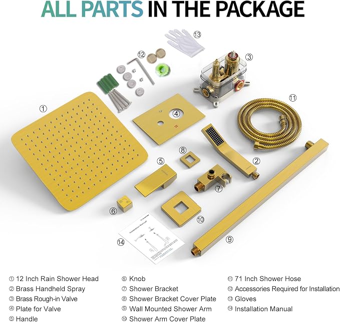 SR SUN RISE 12 Inches Bathroom Luxury Rain Mixer Shower Combo Set Wall Mounted - Image 9