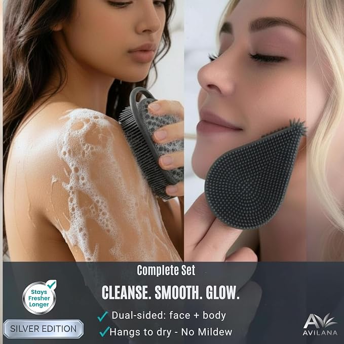 Avilana Silver Edition Body Scrubber and Face Brush Set - Image 6