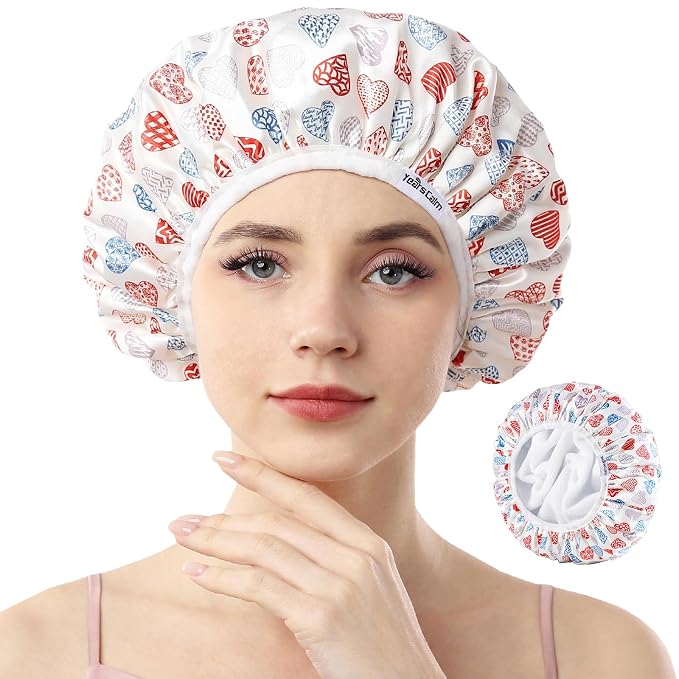 Years calm Terry Lined Shower Cap, Triple Layer Heart Motifs, Waterproof by Yearscalm