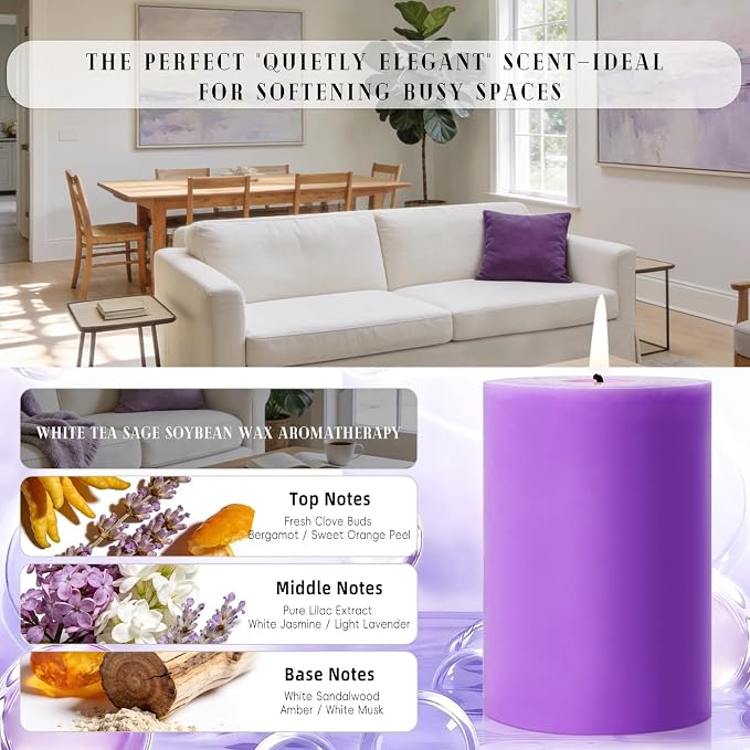 4 Pack Lilac Scented Soy Pillar Candle 2.8x4In, 240H Long Burn, Natural Spring - Image 2