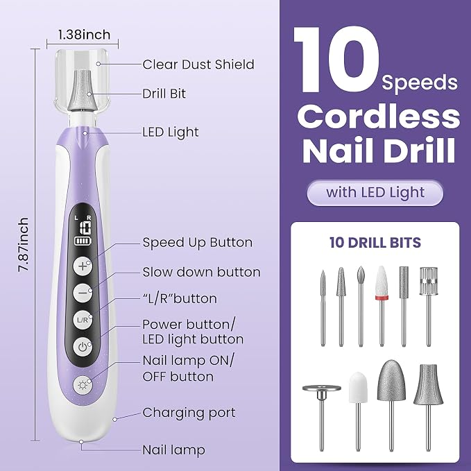 Nail Drill, Electric Nail File & 10-Speed Cordless Nail File, 10 in 1 Kit - Image 8