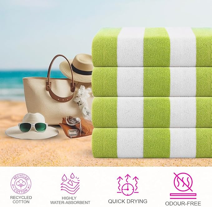 CASA COPENHAGEN Cabana Towel 4Pcs Lime Green Designer Stripe Beach Towels Gift - Image 2