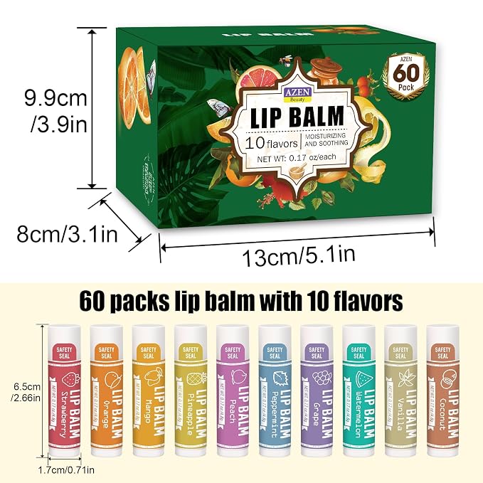 AZEN 60 Pack Lip Balm, Natural Lip Balm Bulk, Lip Care Product, Moisturizing - Image 8